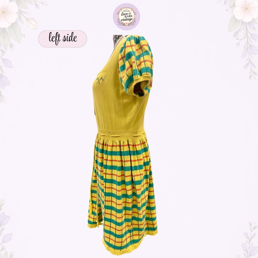 Y2K Betsey Johnson Yellow Plaid Knit Dress • Mod Puff Sleeve Midi • 100% Cotton - Picture 4 of 9